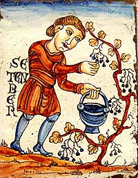 Darstellung der Weinlese auf einer alten Keramik
