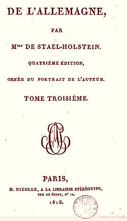 Titelseite des 3. Bands von Madame Staels Buch De lAllemagne